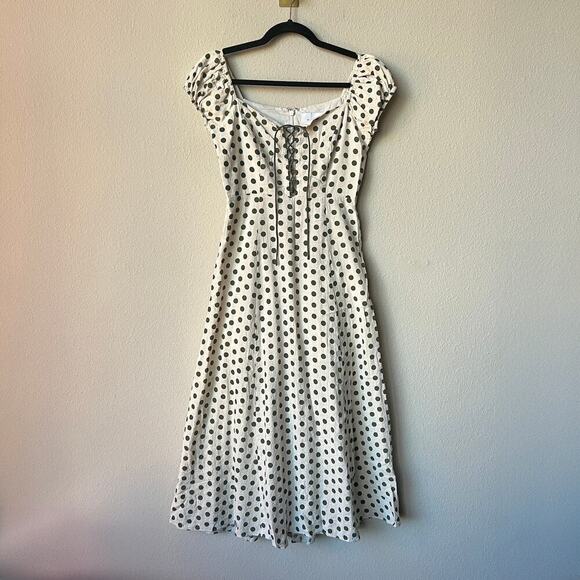 The Wolf Gang Feliz Lace Up Polka Dot Puff Sleeve Midi Dress - Picture 2 of 6